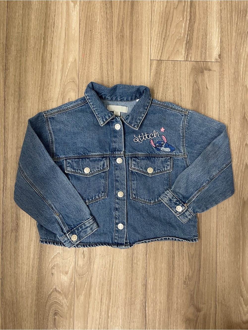 Kids Denim Jacket with Stitch Embroidery - Blue